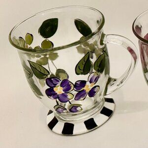 Hand Painted Anchor Hocking Clear Glass Coffee Mugs Pink Purple Floral Set of 4
